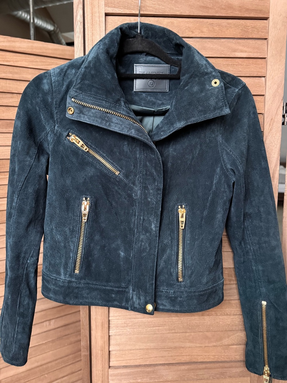 BLANKNYC Galactic Teal Suede Leather Moto Jacket Gold Zip XS